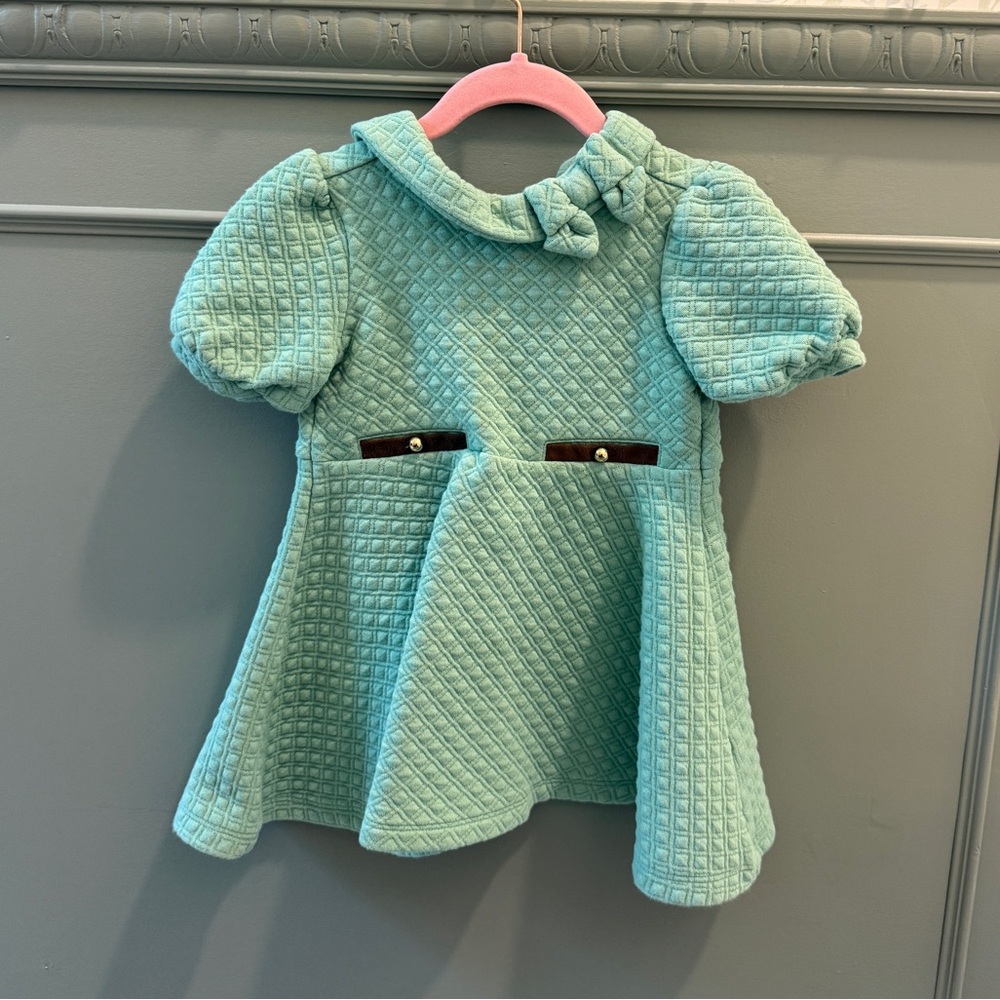 Janie and Jack Green Quilted Dress with Bow Collar 2T